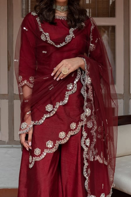 House of Dasmaya_Maroon Dupion Silk Embroidered Mirror Boat Neck Kurta Sharara Set _Online_at_Aza_Fashions