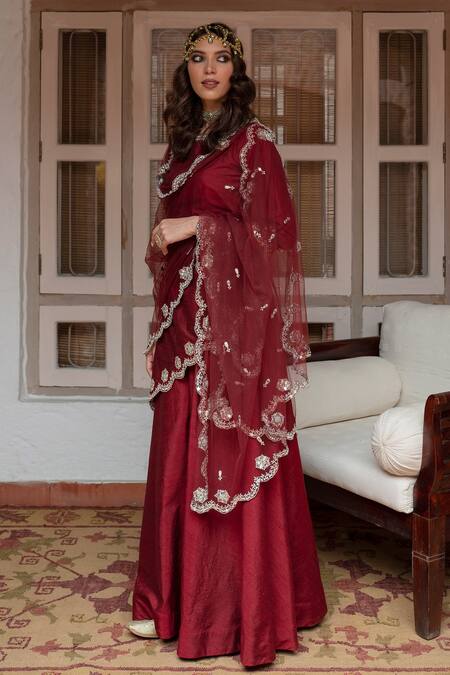 Buy_House of Dasmaya_Maroon Dupion Silk Embroidered Mirror Boat Neck Kurta Sharara Set _Online_at_Aza_Fashions