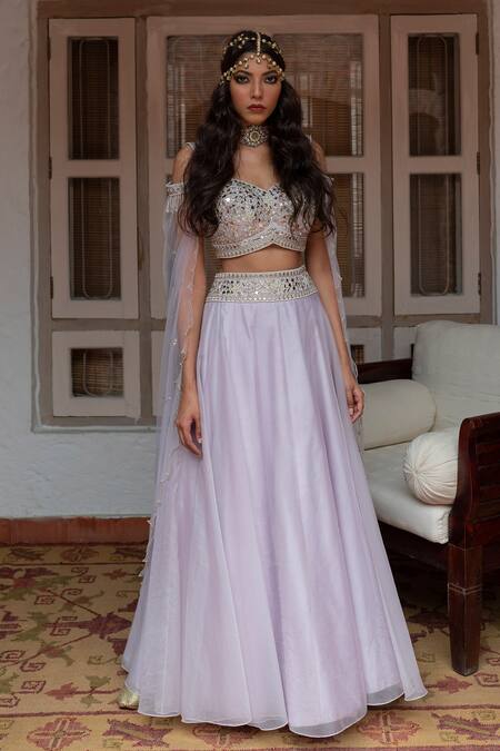 House of Dasmaya_Purple Dupion Embroidered Mirror Sweetheart Neck Blouse And Lehenga Set _Online_at_Aza_Fashions