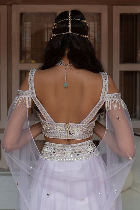 Shop_House of Dasmaya_Purple Dupion Embroidered Mirror Sweetheart Neck Blouse And Lehenga Set _Online_at_Aza_Fashions