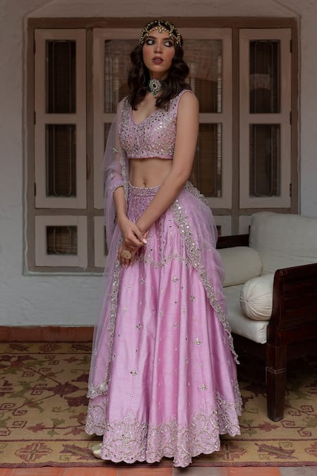 House of Dasmaya_Purple Dupion Silk Embroidered Mirror V Neck Pearl Blouse Lehenga Set _Online_at_Aza_Fashions