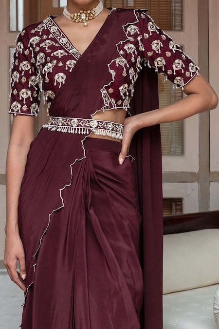 House of Dasmaya_Wine Dupion Embroidered Mirror V Neck Scalloped And Pre-draped Saree Set _Online_at_Aza_Fashions