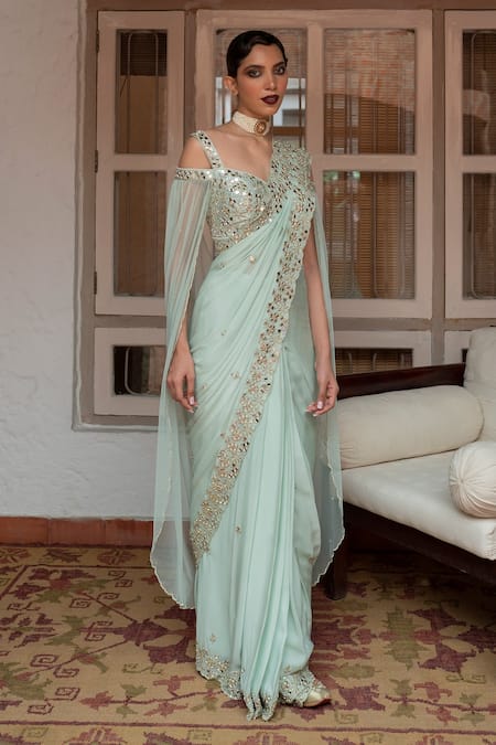 Buy_House of Dasmaya_Blue Dupion Embroidered Mirror Sweetheart Neck Pre-draped Saree With Blouse _Online_at_Aza_Fashions