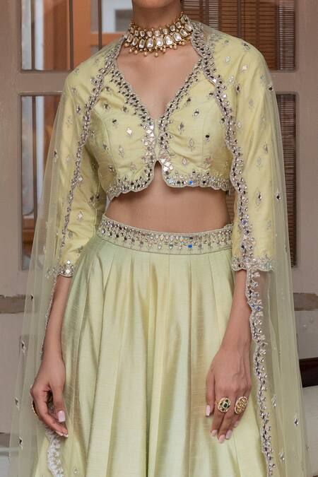 House of Dasmaya_Green Dupion Silk Embroidered Mirror V Neck Blouse Lehenga Set _Online_at_Aza_Fashions