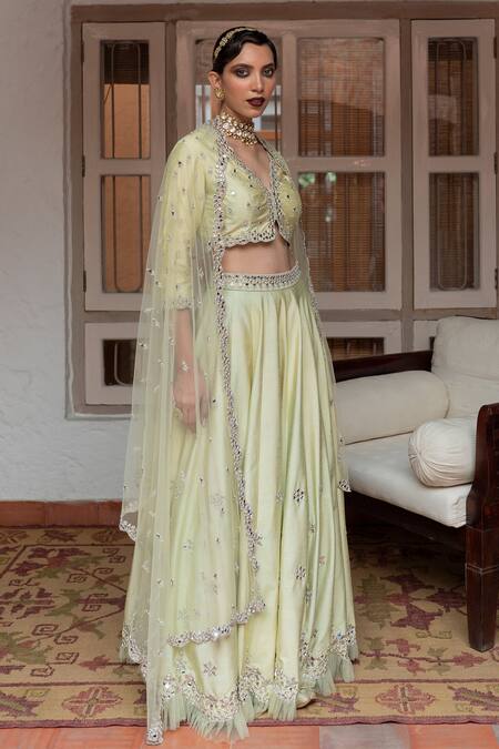 Buy_House of Dasmaya_Green Dupion Silk Embroidered Mirror V Neck Blouse Lehenga Set _Online_at_Aza_Fashions