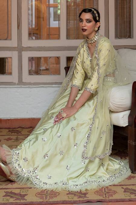 Shop_House of Dasmaya_Green Dupion Silk Embroidered Mirror V Neck Blouse Lehenga Set _Online_at_Aza_Fashions
