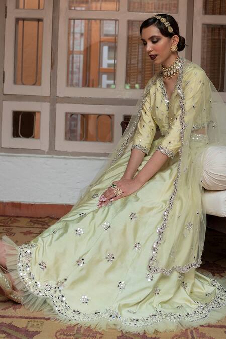 House of Dasmaya_Green Dupion Silk Embroidered Mirror V Neck Blouse Lehenga Set _at_Aza_Fashions