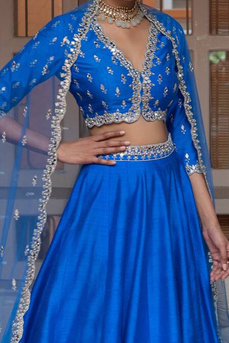 House of Dasmaya_Blue Dupion Silk Embroidered Mirror V Neck Blouse Lehenga Set _Online_at_Aza_Fashions