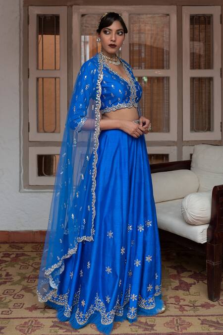Buy_House of Dasmaya_Blue Dupion Silk Embroidered Mirror V Neck Blouse Lehenga Set _Online_at_Aza_Fashions