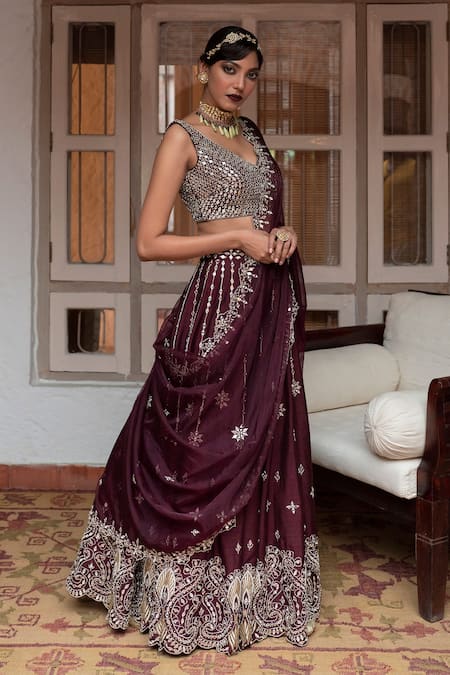 House of Dasmaya_Wine Dupion Silk Embroidered Mirror V Neck Lehenga Set _Online_at_Aza_Fashions