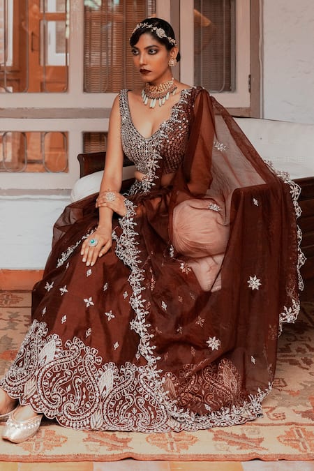 Buy_House of Dasmaya_Wine Dupion Silk Embroidered Mirror V Neck Lehenga Set _Online_at_Aza_Fashions