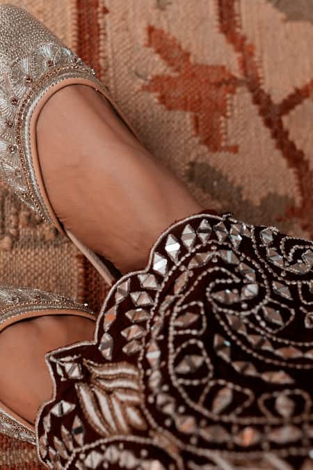 Shop_House of Dasmaya_Wine Dupion Silk Embroidered Mirror V Neck Lehenga Set _Online_at_Aza_Fashions