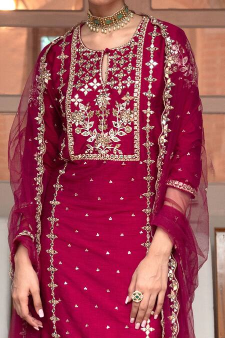 House of Dasmaya_Pink Dupion Silk Embroidered Mirror Round Work Kurta Pant Set _Online_at_Aza_Fashions