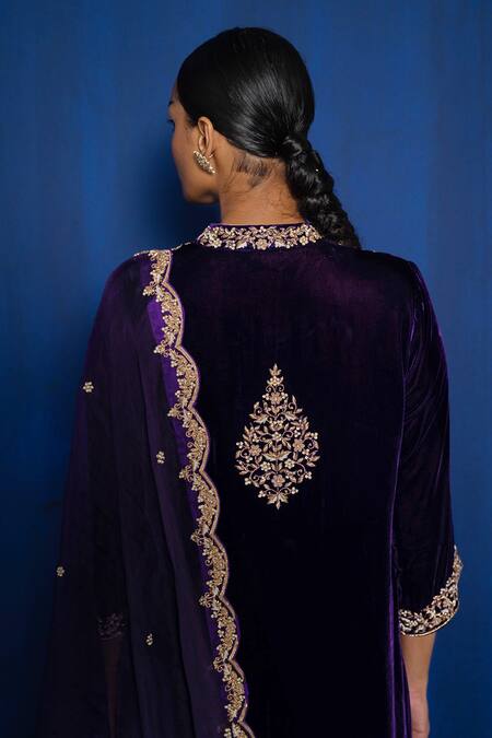 Shop_Romaa_Purple Silk Velvet Hand Embroidered Zardozi Mandarin Collar Kurta Set _Online_at_Aza_Fashions
