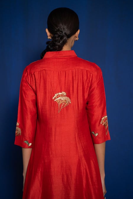 Buy_Romaa_Red Silk Moonga Hand Embroidered Floral Thread Work Kurta And Pant Set  _Online_at_Aza_Fashions