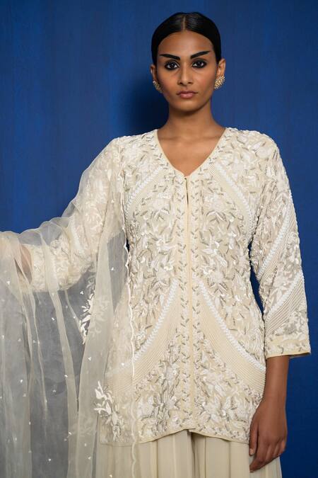 Buy Romaa Beige Pure Georgette Hand Embroidered Floral Kurta Sharara Set Online at Aza Fashions Buy_Romaa_Beige Pure Georgette Hand Embroidered Floral Kurta Sharara Set _Online_at_Aza_Fashions