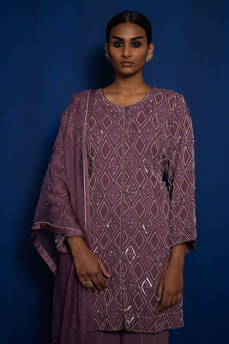 Buy_Romaa_Wine Sharara And Kurta Georgette Hand Embroidered Geometric Set  _Online_at_Aza_Fashions