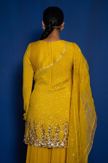 Romaa_Yellow Kurta Chinon Hand Embroidered Zardozi V Neck Sharara Set  _Online_at_Aza_Fashions