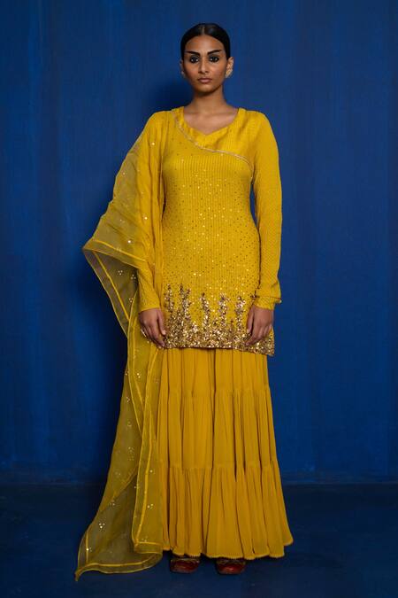 Buy_Romaa_Yellow Kurta Chinon Hand Embroidered Zardozi V Neck Sharara Set  _Online_at_Aza_Fashions