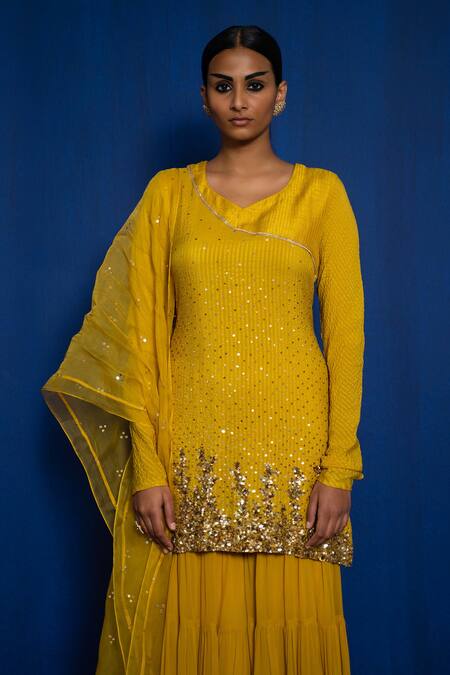Shop_Romaa_Yellow Kurta Chinon Hand Embroidered Zardozi V Neck Sharara Set  _Online_at_Aza_Fashions