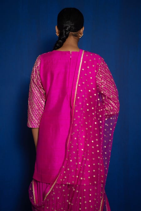 Romaa_Pink Kurta Raw Silk Hand Embroidered Aari Round Zardozi Sharara Set  _Online_at_Aza_Fashions