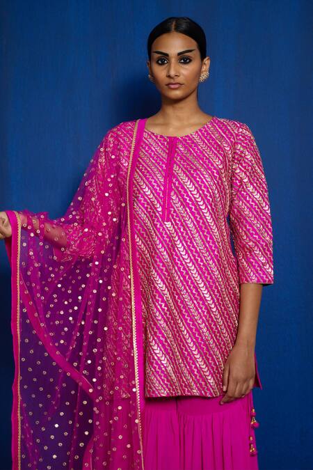 Buy_Romaa_Pink Kurta Raw Silk Hand Embroidered Aari Round Zardozi Sharara Set  _Online_at_Aza_Fashions