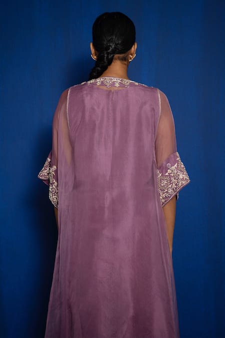 Romaa_Wine Kurta Dupion Silk Hand Embroidered Zardozi Kurta V Cape And Set  _Online_at_Aza_Fashions