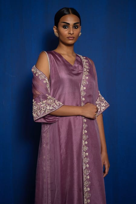 Buy_Romaa_Wine Kurta Dupion Silk Hand Embroidered Zardozi Kurta V Cape And Set  _Online_at_Aza_Fashions