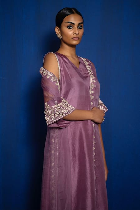 Shop_Romaa_Wine Kurta Dupion Silk Hand Embroidered Zardozi Kurta V Cape And Set  _Online_at_Aza_Fashions