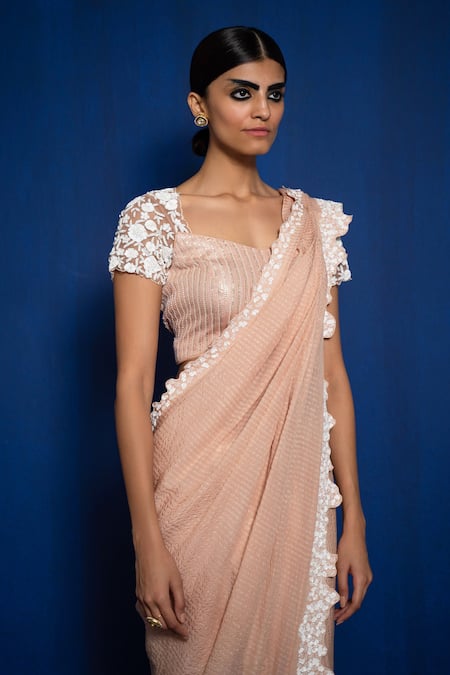 Romaa_Peach Chinon Hand Embroidered Pre-draped Dhoti Saree With Blouse  _Online_at_Aza_Fashions