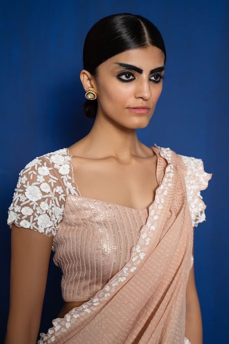 Buy_Romaa_Peach Chinon Hand Embroidered Pre-draped Dhoti Saree With Blouse  _Online_at_Aza_Fashions