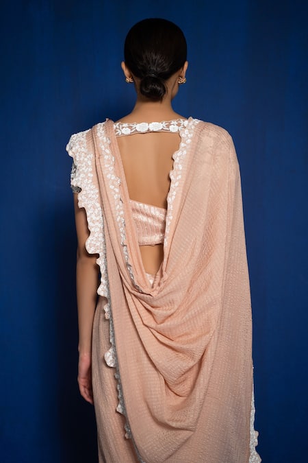 Shop_Romaa_Peach Chinon Hand Embroidered Pre-draped Dhoti Saree With Blouse  _Online_at_Aza_Fashions