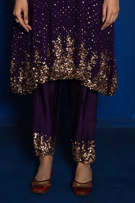 Romaa_Purple Chinon Hand Embroidered Sequins Round Kurta And Pant Set  _Online_at_Aza_Fashions