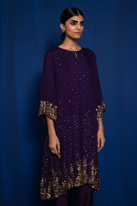 Buy_Romaa_Purple Chinon Hand Embroidered Sequins Round Kurta And Pant Set  _Online_at_Aza_Fashions