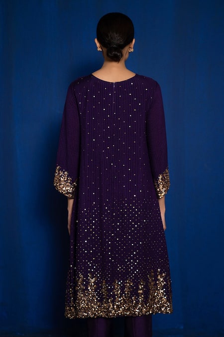 Shop_Romaa_Purple Chinon Hand Embroidered Sequins Round Kurta And Pant Set  _Online_at_Aza_Fashions