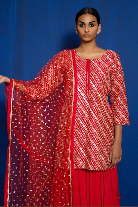 Romaa_Red Kurta Raw Silk Hand Embroidered Aari Round Sharara Set  _Online_at_Aza_Fashions