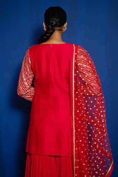 Buy_Romaa_Red Kurta Raw Silk Hand Embroidered Aari Round Sharara Set  _Online_at_Aza_Fashions