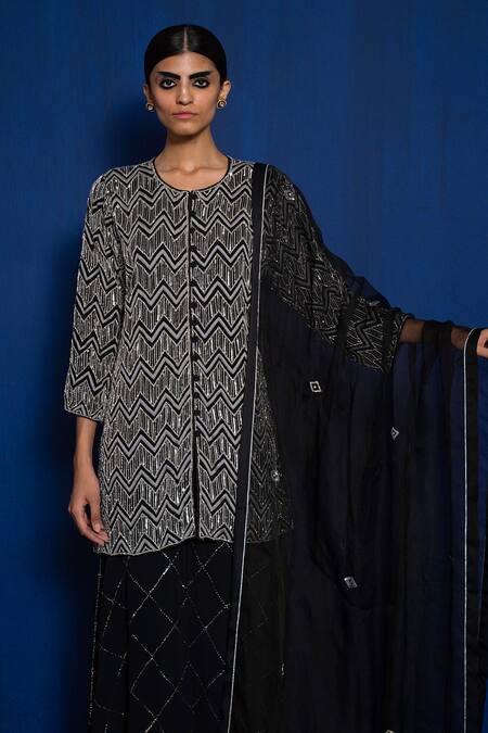 Buy_Romaa_Black Sharara And Kurta Georgette Hand Embroidered Chevron Set  _Online_at_Aza_Fashions