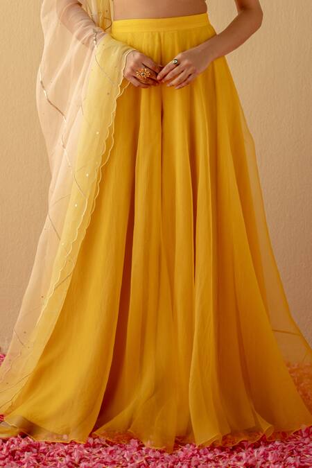 Mint Blush_Yellow Chanderi, Organza Cut Work, Embroidered Crop Top And Flared Pant Set_Online_at_Aza_Fashions