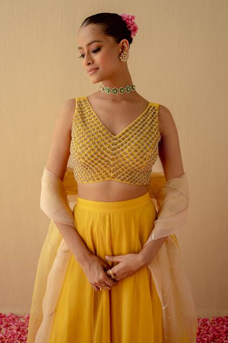 Buy_Mint Blush_Yellow Chanderi, Organza Cut Work, Embroidered Crop Top And Flared Pant Set_Online_at_Aza_Fashions