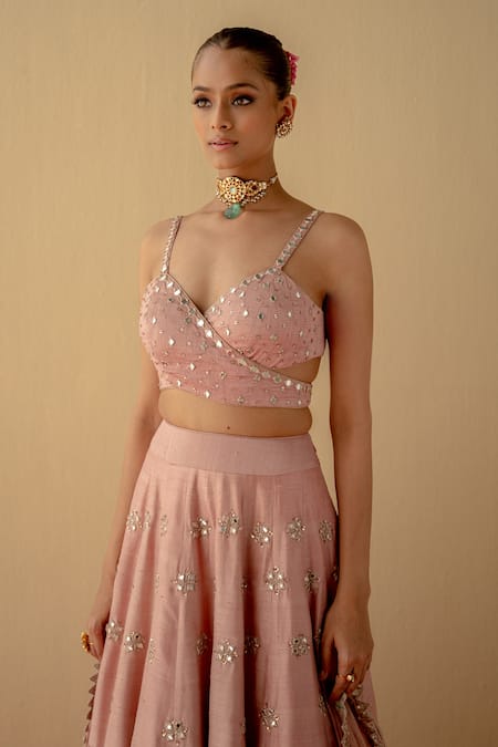 Mint Blush_Pink Silk, Organza Sequins, Mirrors Sweetheart Neck Embroidered Lehenga Set _Online_at_Aza_Fashions