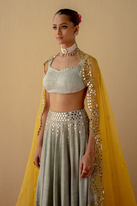 Mint Blush_Blue Silk, Linen, Organza Mirrors, Sequins Embroidered Blouse Lehenga Set _Online_at_Aza_Fashions