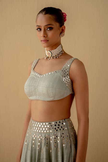 Buy_Mint Blush_Blue Silk, Linen, Organza Mirrors, Sequins Embroidered Blouse Lehenga Set _Online_at_Aza_Fashions