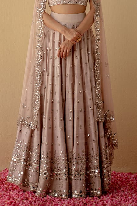 Mint Blush_Gold Silk, Net Sequins, Mirrors Sweetheart Zari Embroidered Blouse Lehenga Set _Online_at_Aza_Fashions