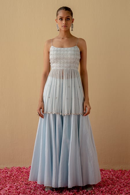 Mint Blush Blue Chanderi Silk, Chiffon, Organza Cut Work, Flared Top Kalidar Pant Set Online at Aza Fashions Mint Blush_Blue Chanderi Silk, Chiffon, Organza Cut Work, Flared Top Kalidar Pant Set _Online_at_Aza_Fashions