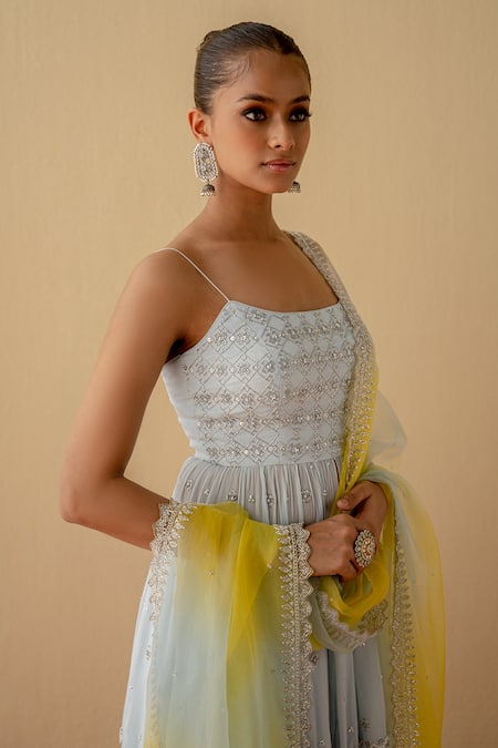 Buy Mint Blush Blue Chanderi Silk, Chiffon, Organza Cut Work, Flared Top Kalidar Pant Set Online at Aza Fashions Buy_Mint Blush_Blue Chanderi Silk, Chiffon, Organza Cut Work, Flared Top Kalidar Pant Set _Online_at_Aza_Fashions