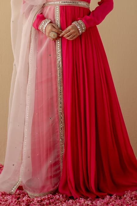 Mint Blush_Pink Chiffon, Organza, Linen Cut Work, Mirrors, Border Embroidered Anarkali Set _Online_at_Aza_Fashions