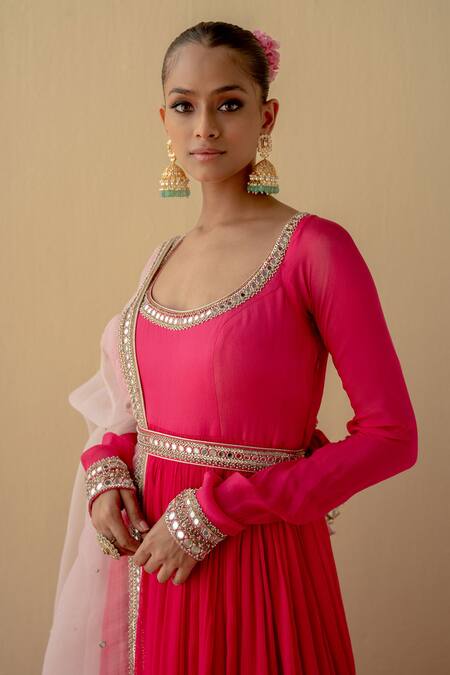 Buy_Mint Blush_Pink Chiffon, Organza, Linen Cut Work, Mirrors, Border Embroidered Anarkali Set _Online_at_Aza_Fashions