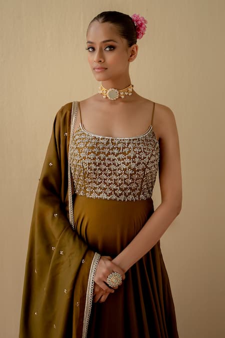 Mint Blush_Green Chanderi Silk, Polyester, Bodice Embroidered Anarkali With Dupatta _Online_at_Aza_Fashions