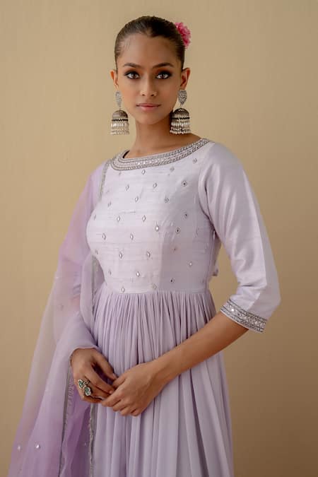 Mint Blush_Purple Chiffon, Organza, Silk Cut Work, Mirrors, Border Anarkali With Dupatta _Online_at_Aza_Fashions